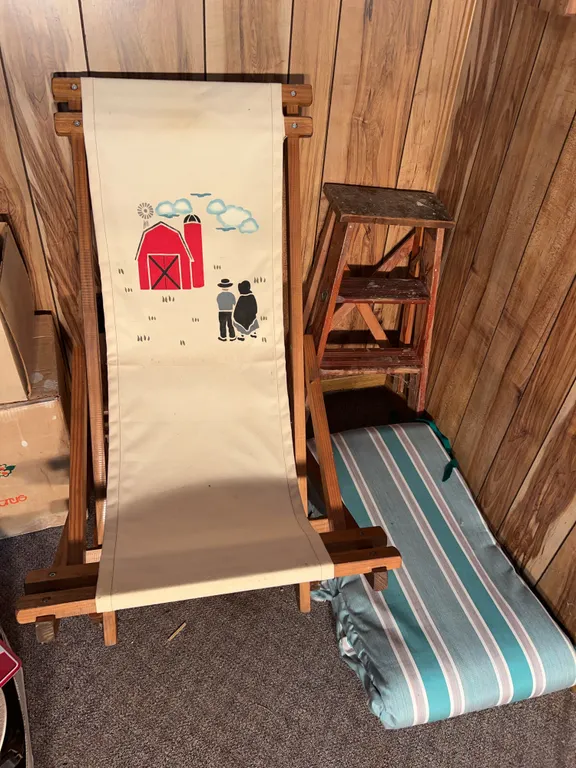 Wooden Folding Deck Chair W/ Cushion & Wooden Step Ladder