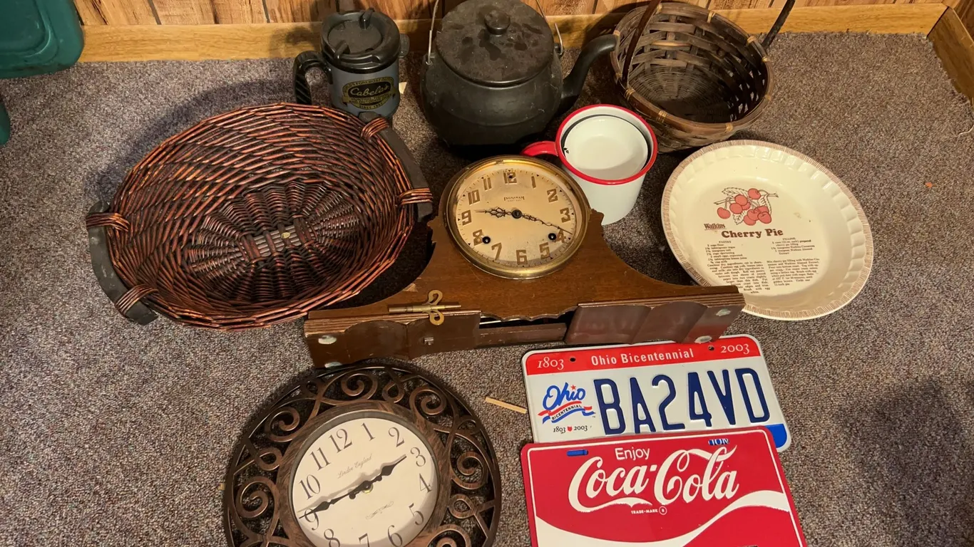 Vintage Items Including Coca-Cola Sign, Ingraham Mantle Clock, Tea-Pot, Watkins Cherry Pie Pan & More