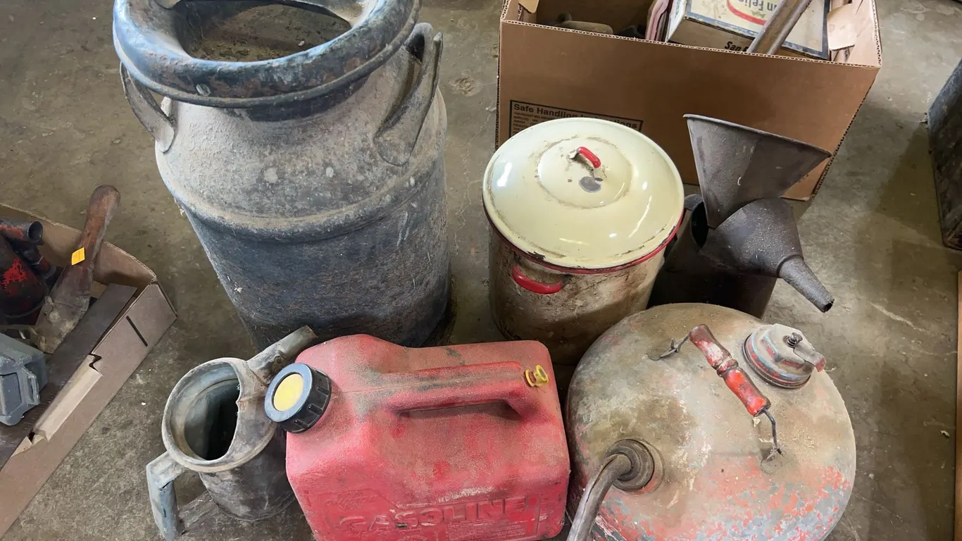 Vintage Garage Items Including Gas Cans, Gas Funnel, Oil Pitcher, Milk Jug & More