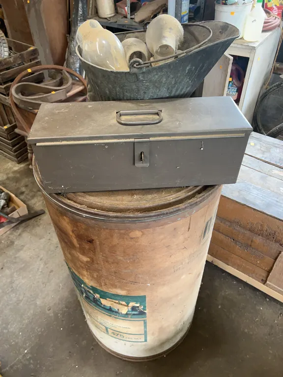 Lyon Tool Box, Ash Bucket W/ Antique Lantern & 50 Gallon Drum