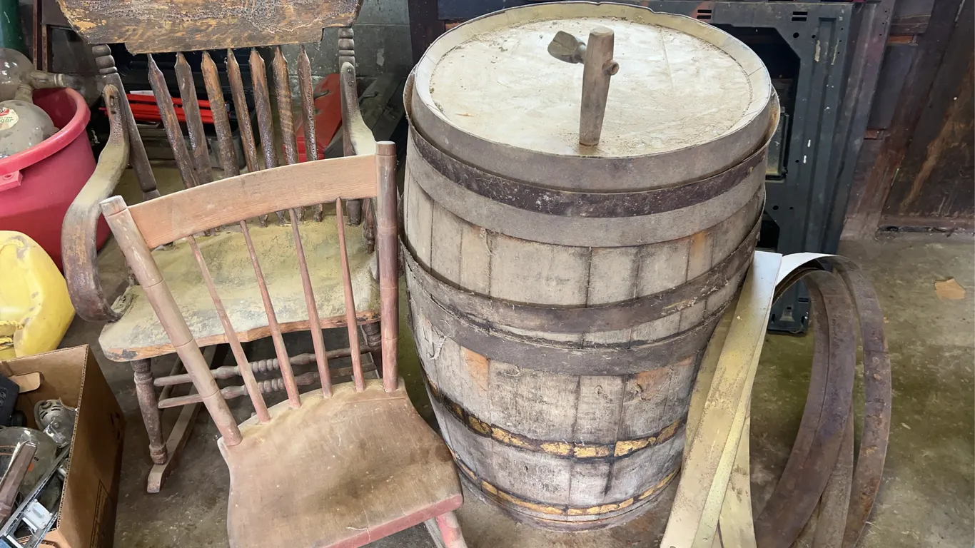 Vintage Wooden Barrel & (2) Wooden Chairs -(1) Cracked & Broken