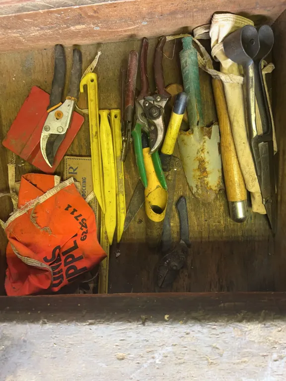 Drawer of Gardening Tools & Bags Including Shears, Shovel & More