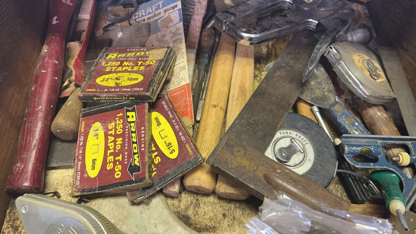 Drawer Of Tools Including Keson Chalk Box, Staplers, Hammers & More
