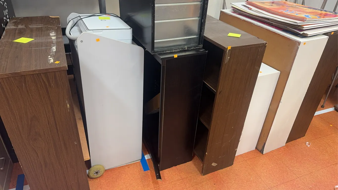 Bookshelves, Printer, and Cabinets