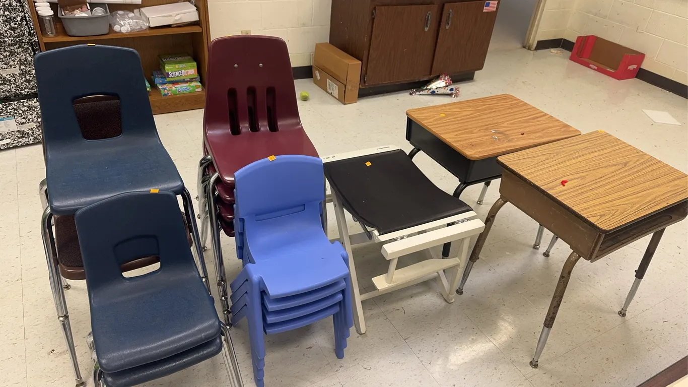 (2) Classroom Desks and (12) Chairs