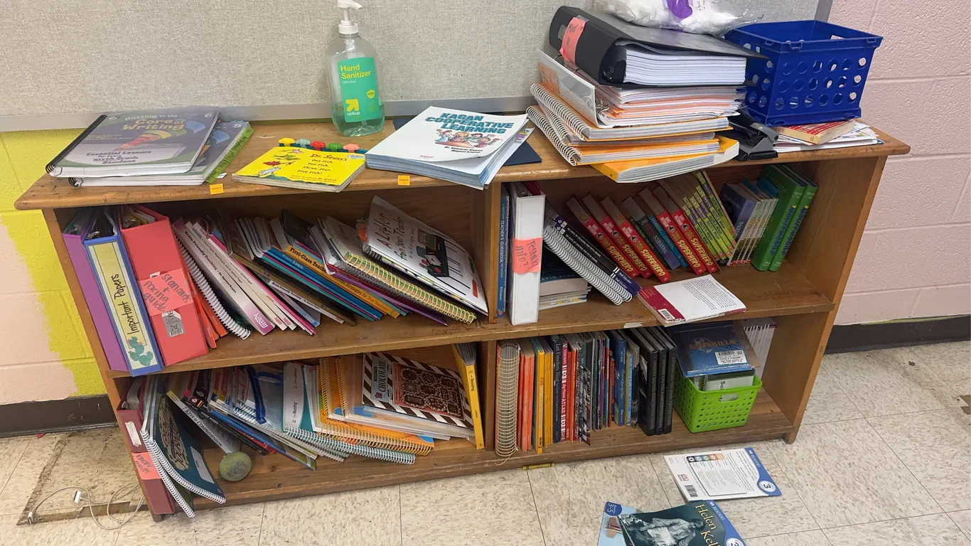 Wooden Bookshelf w/ Books and Binders