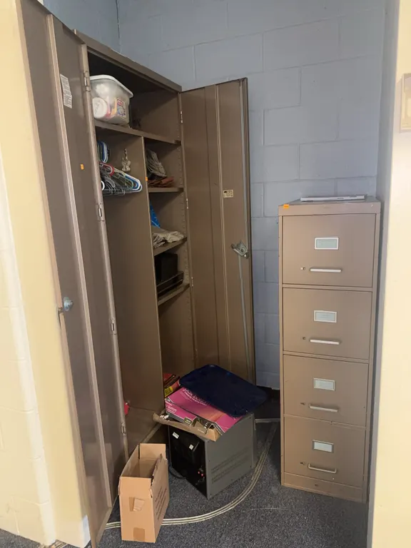 Metal Storage Cabinet w/ Contents and Metal 4-Drawer Filing Cabinet