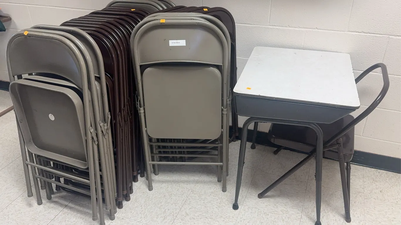 Assortment of Metal Folding Chairs and School Desk