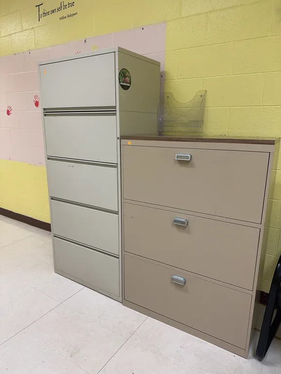 5-Drawer and 3-Drawer Metal Filing Cabinets, Chair and Round Table