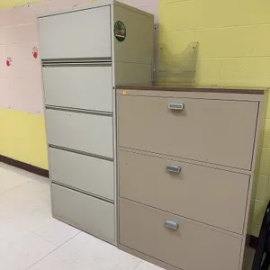 5-Drawer and 3-Drawer Metal Filing Cabinets, Chair and Round Table