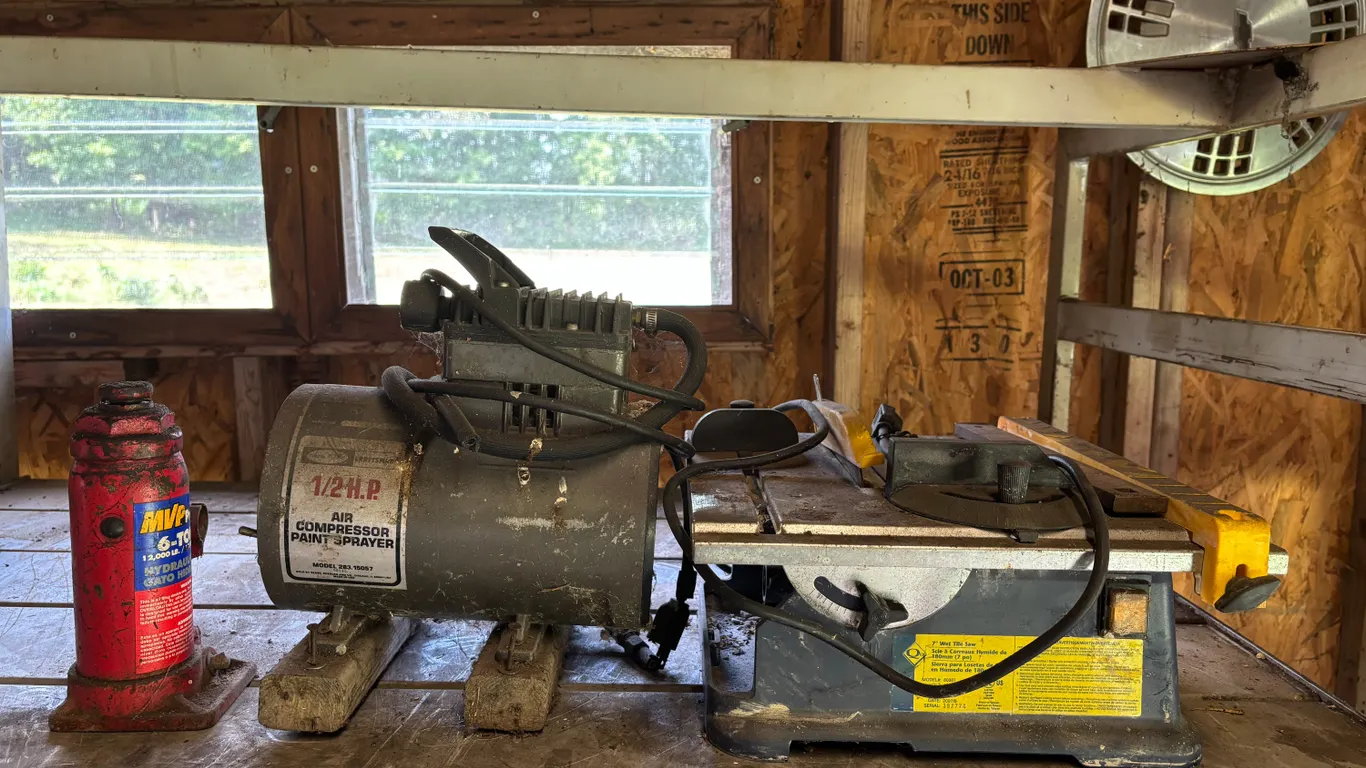 Tile saw, hydraulic jack and air compressor motor