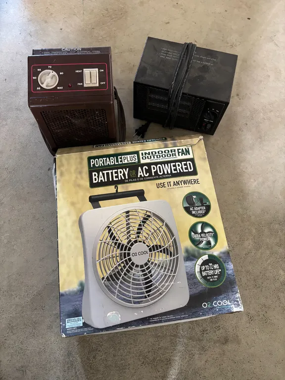 (2)- small heaters and (1)- battery fan
