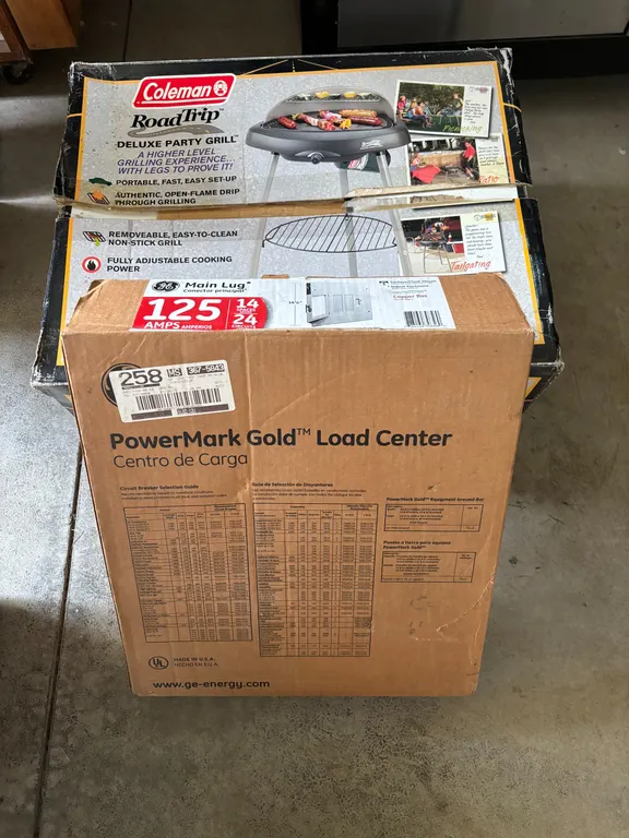 125 amp breaker box and Coleman party grill