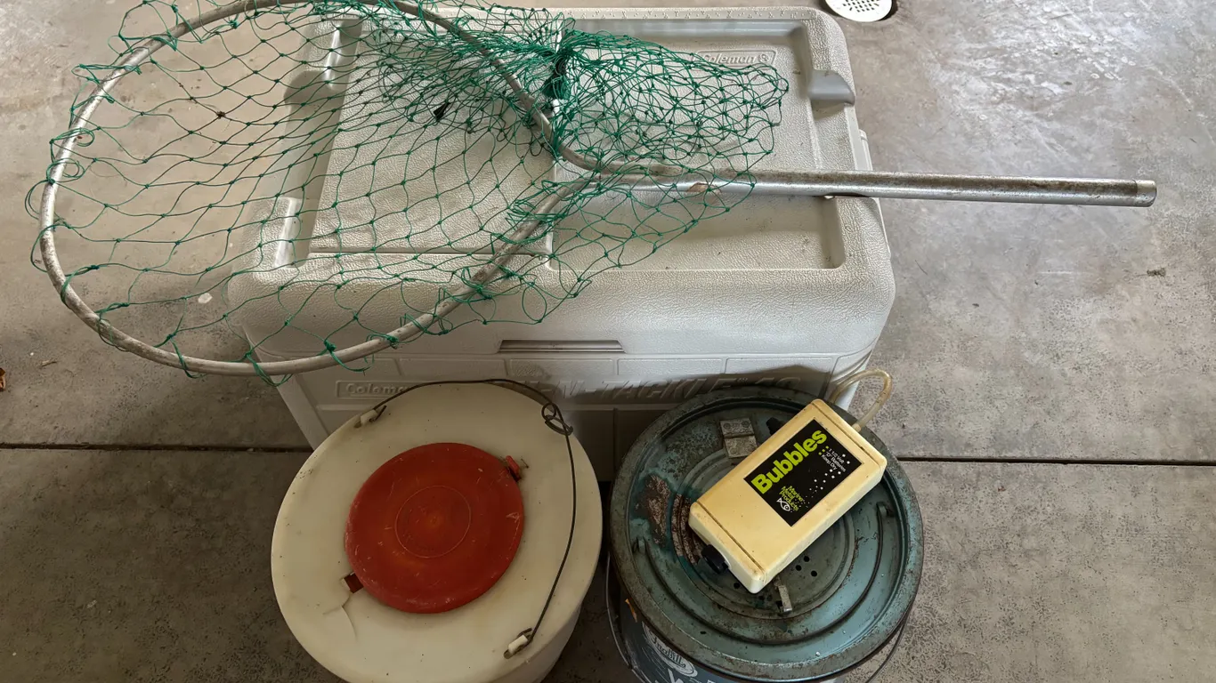 Cooler, minnow buckets and net