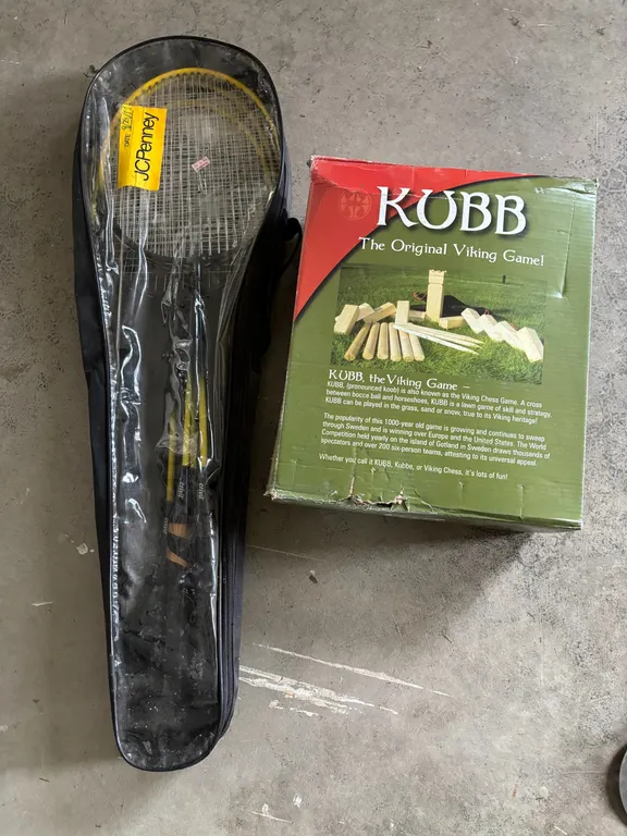Badminton racquets and kubb game