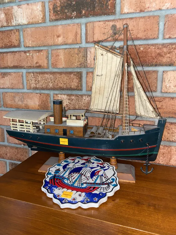 Wooden model boat & decor