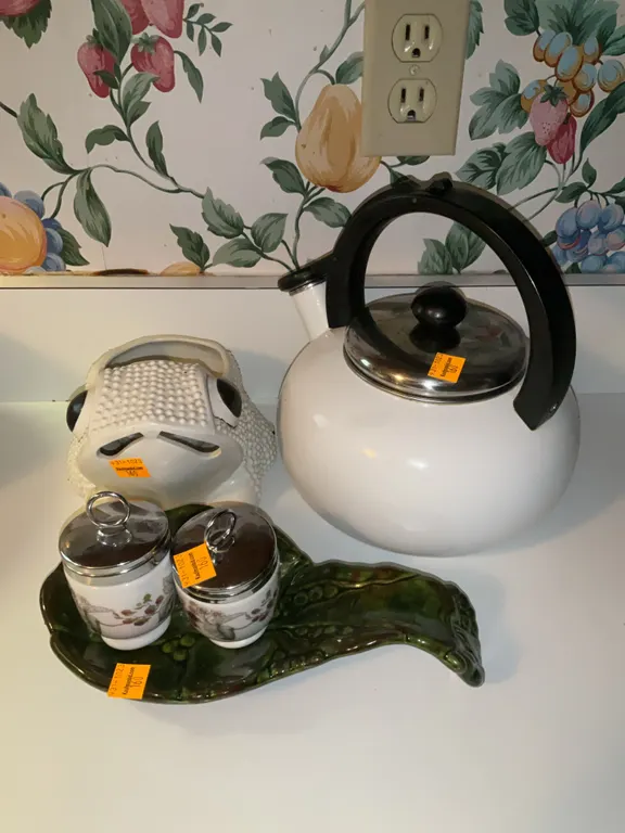 Coffee Pot, Salt and Pepper Shakers, Spoon Dish, Frog Planter