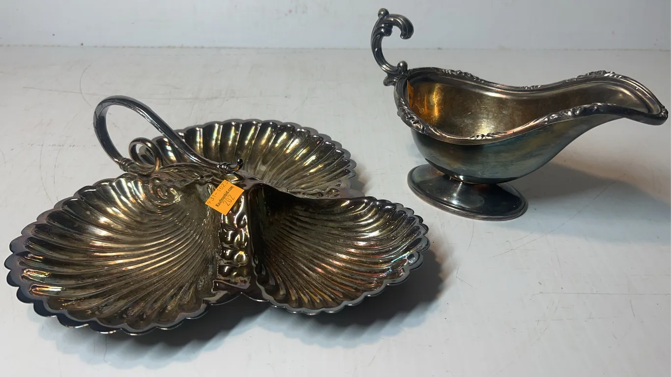 Silverplated Clamshell Handled Dish, Silverplated Creamer
