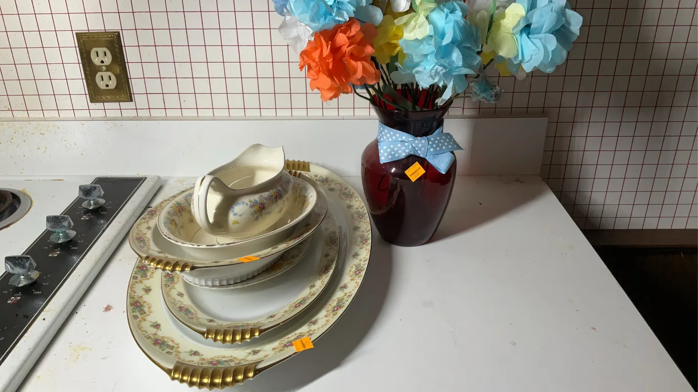Eggshell Nautilus China Platters, Gravy Boat, Vase with Flowers
