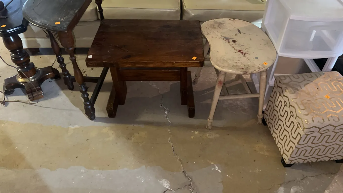 Large Assortment of Vintage Wooden Tables, Vintage Wooden Floor Lamp/Side Stand, Ottomans, Plastic Organizer