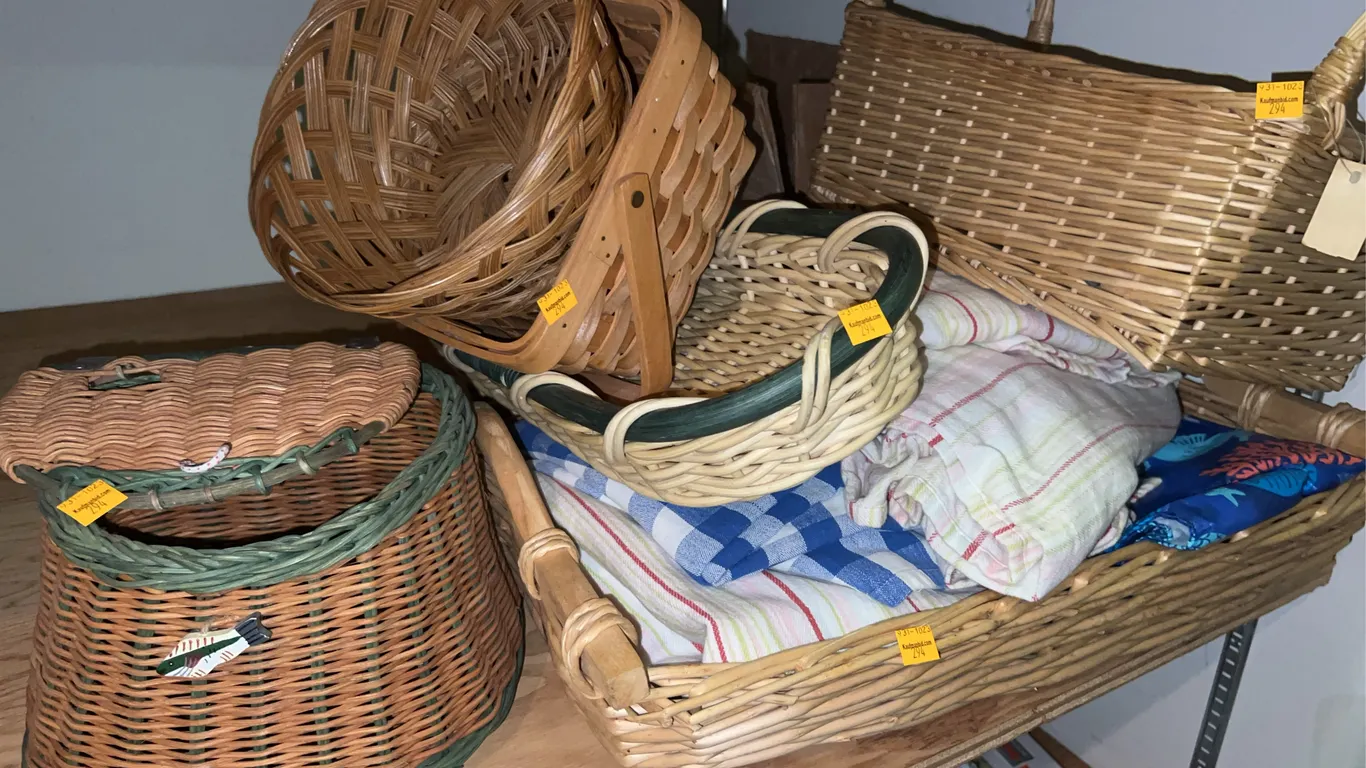 Assorted Wicker Baskets and Linens
