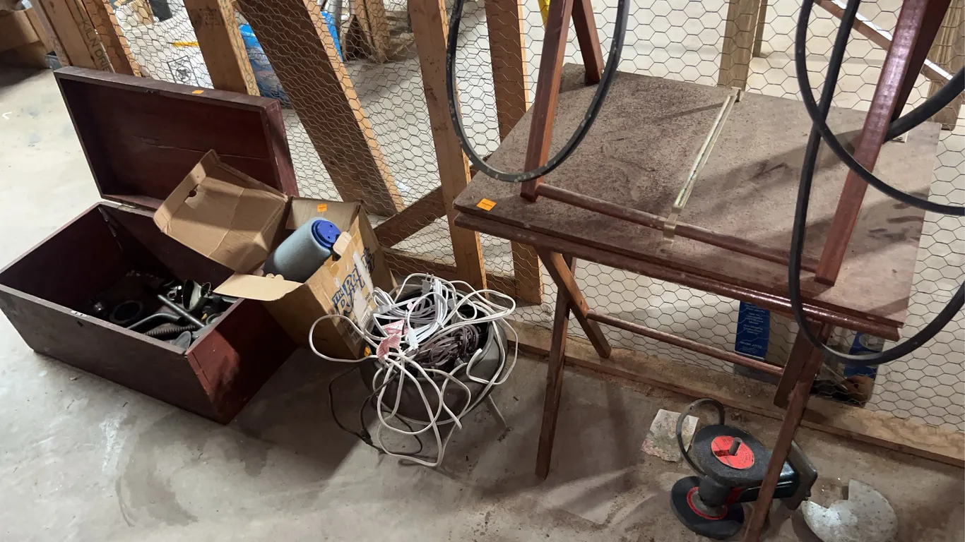 Wooden Toolbox with Tools, Misc. Items, Extension Cords