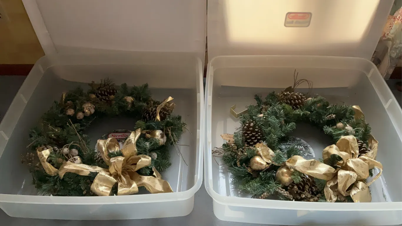 (2) Holiday Wreathes in Wreathe Storage Totes