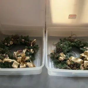 (2) Holiday Wreathes in Wreathe Storage Totes