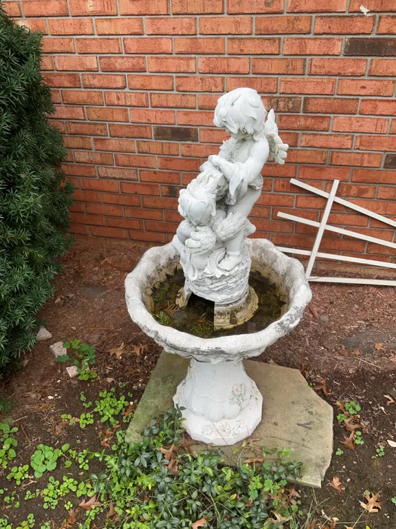 Concrete Outdoor Fountain, Yard Decor. Sheppard Hooks, Windchimes