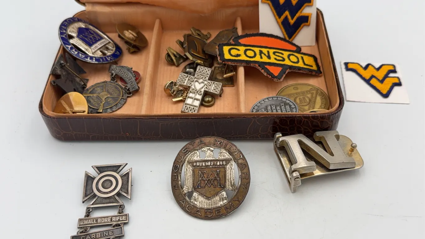 Assorted Service Pins, WVU Patches, and Box