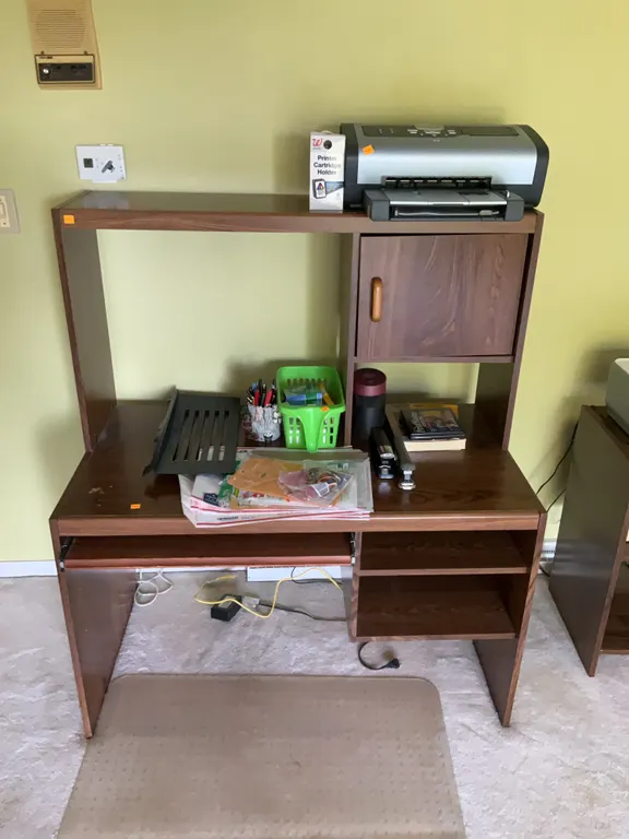 Wooden Computer Desk, HP Printer, Office Supplies, Plastic Mat