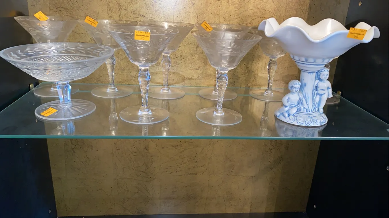 Pedestal compote dish, martini glasses