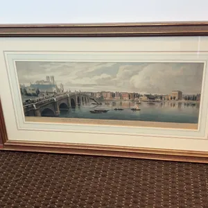 Framed Print of London Bridge, Antique Print with Hand Painted French Mat