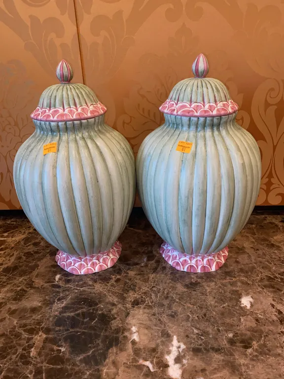 (2) Italian Hand Painted Lidded Urns