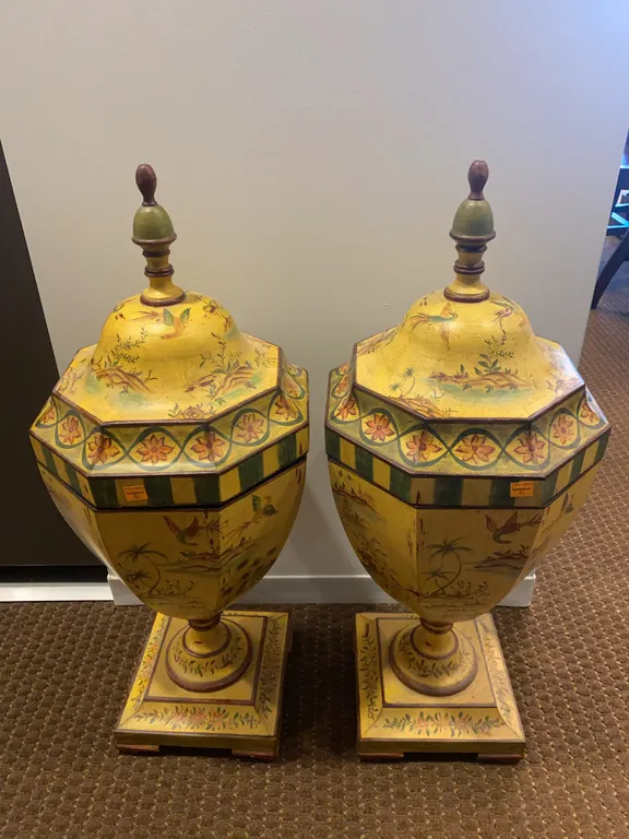 (2) Decorative Hand Painted Wooden Urns