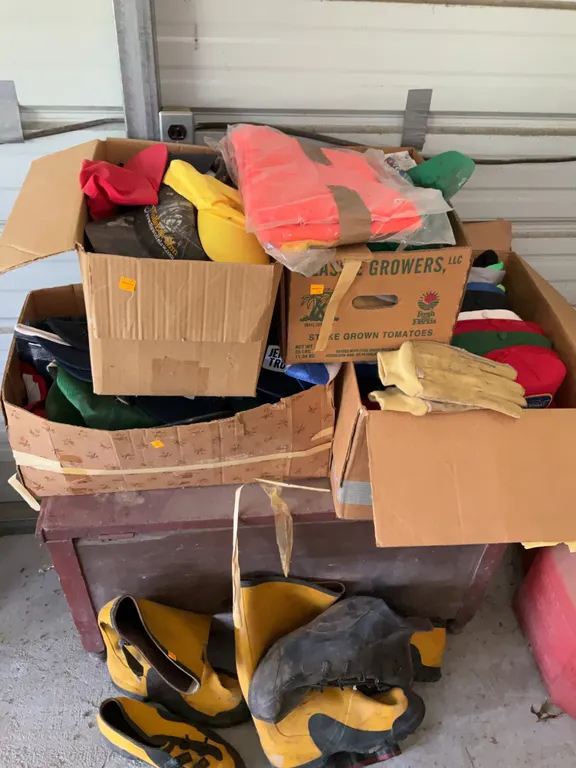 Assortment of Hats, Rubber Slip On Overshoes, Safety Vests