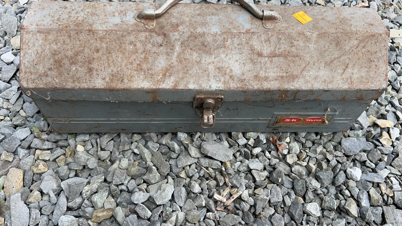 Vintage Metal Toolbox with Hardware and Tools