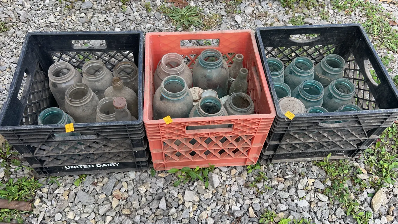 (3) Plastic Crates of Assorted Glass Jars and Bottles