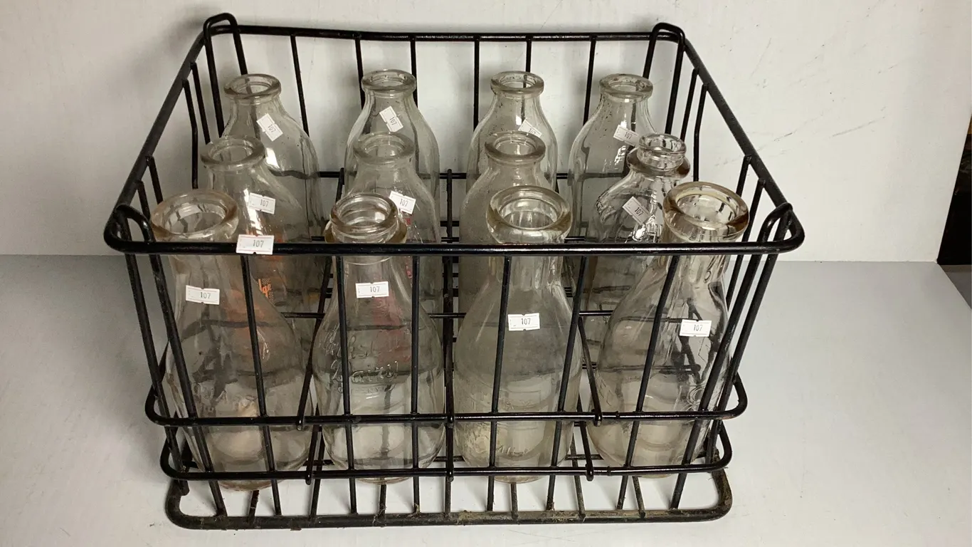 Vintage Milk Crate with 12 Milk Bottles