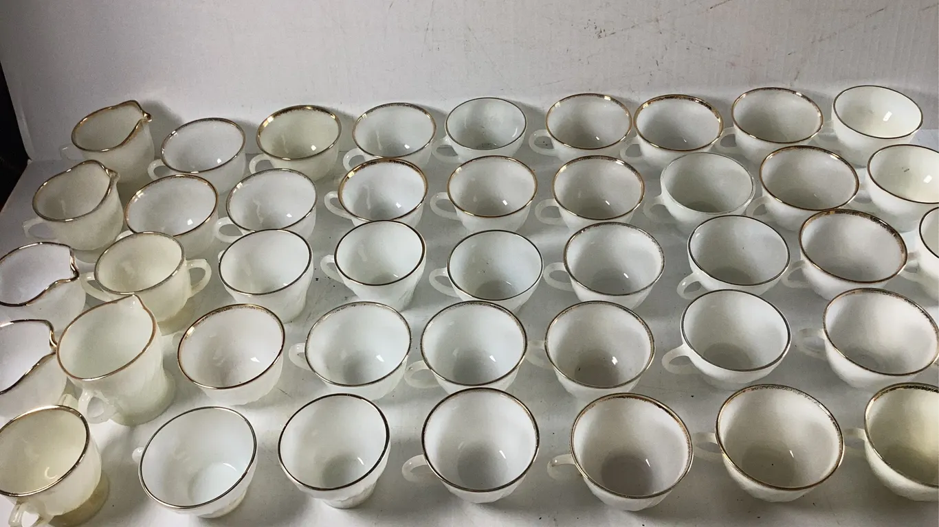 44 Piece Fire King Tea Cups, Sugar Bowls, Creamers