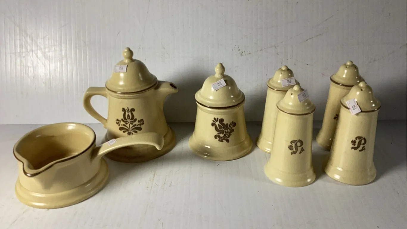 Pfaltzgraff Wheat Pattern Salt and Pepper Shakers, Gravy Ladle, Creamer Pitcher and Sugarer