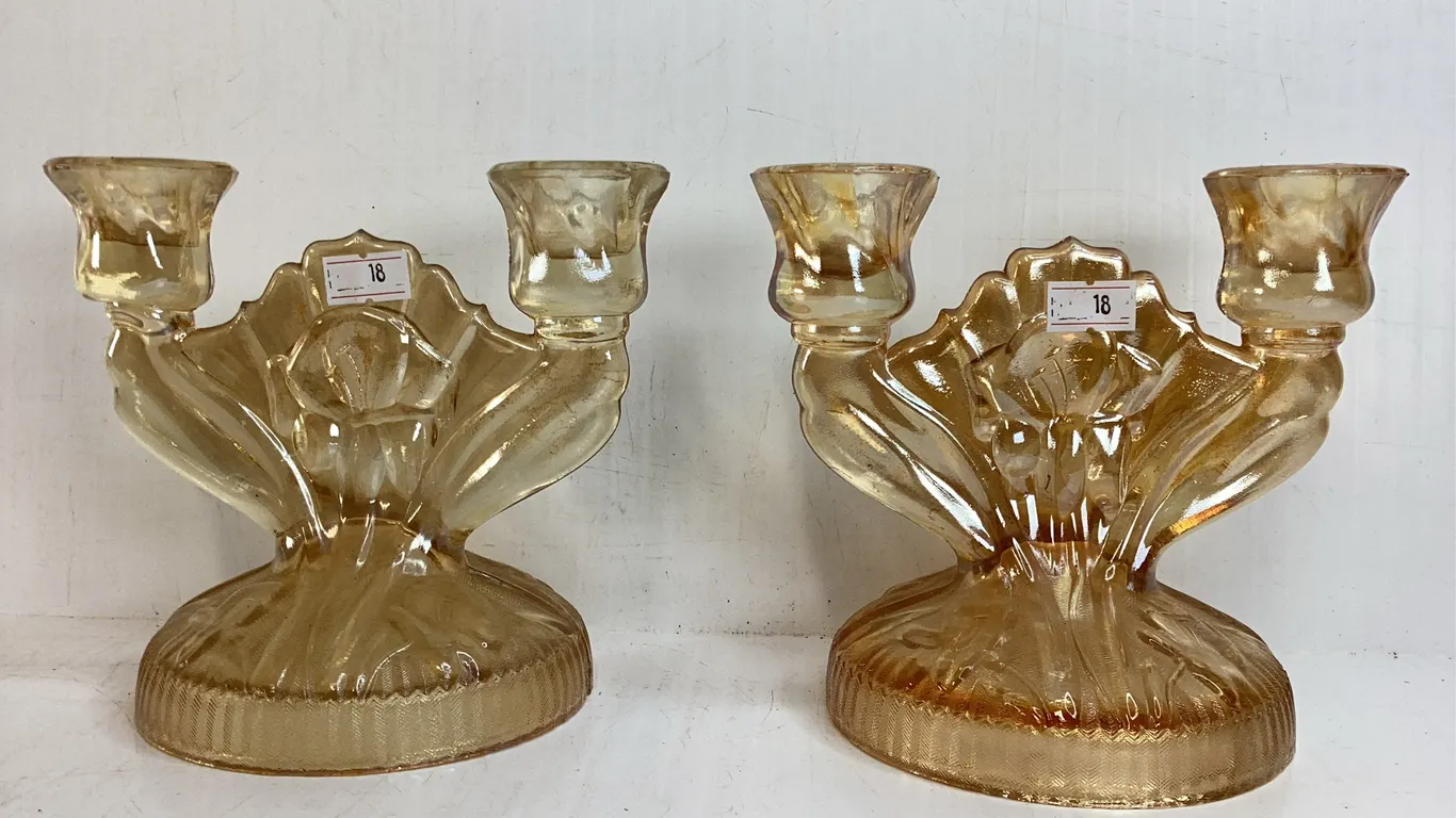 Pair of Jeanette Glass Marigold Double Candlestick Holders