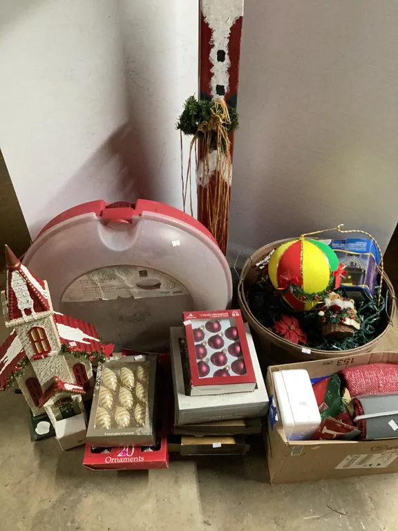 Assortment of Christmas Lights, Decorations, Wreath Box