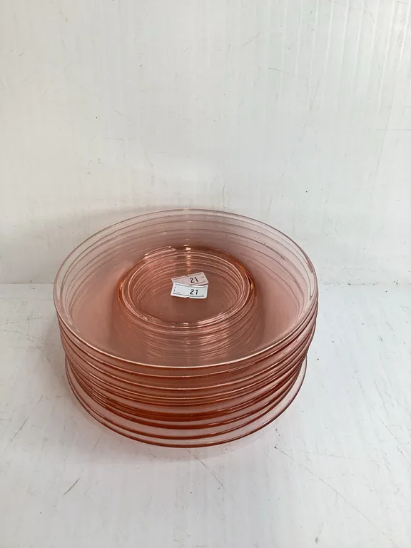 10 Pink Depression Glass Saucers
