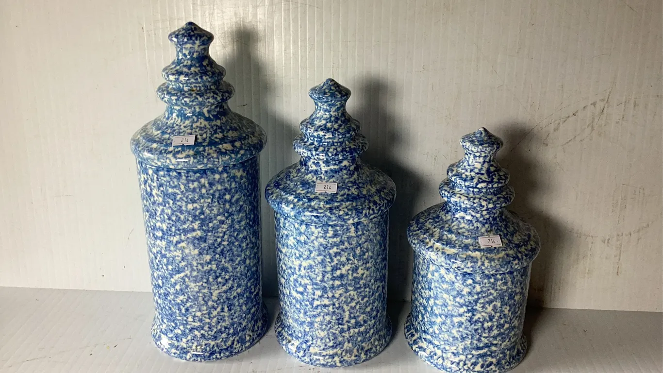 3 Piece Blue Spongeware Canister Set