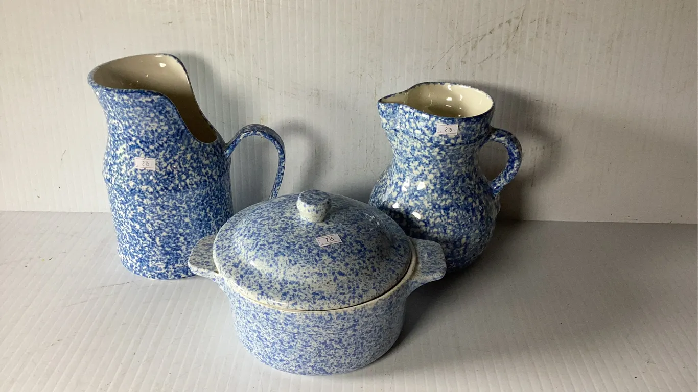 2 Blue Spongeware Pitchers, Casserole Dish