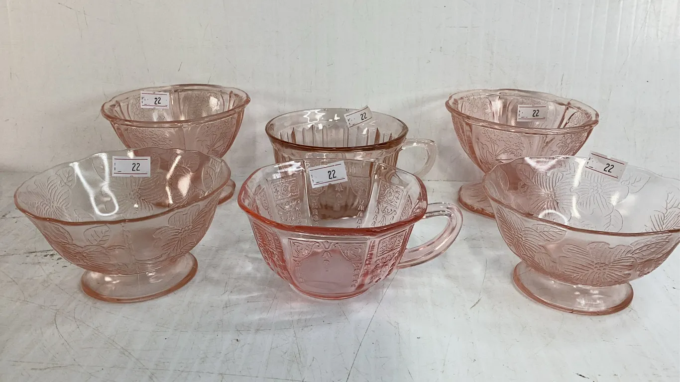 Vintage Pink Depression Glass Tea Cups and Sherbert Glasses