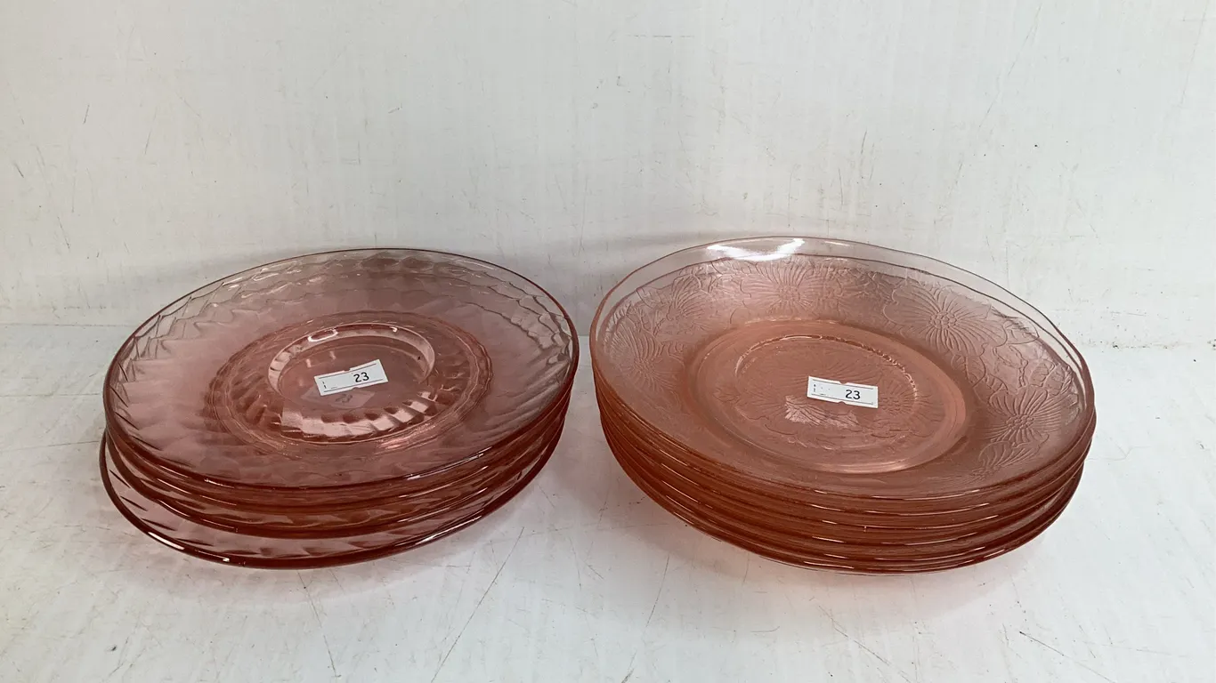 Vintage Pink Depression Glass Saucers, Block Optic Saucers