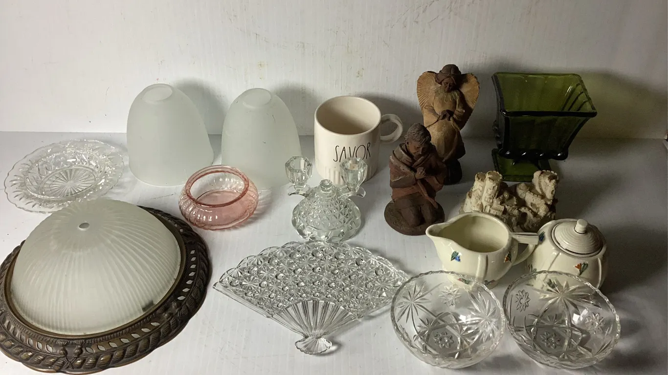 Lamp Shades, Clear Glass, Pink Depression Glass, Figurines