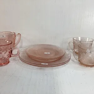 Vintage Pink Depression Saucers, Sugar Bowls, Cup
